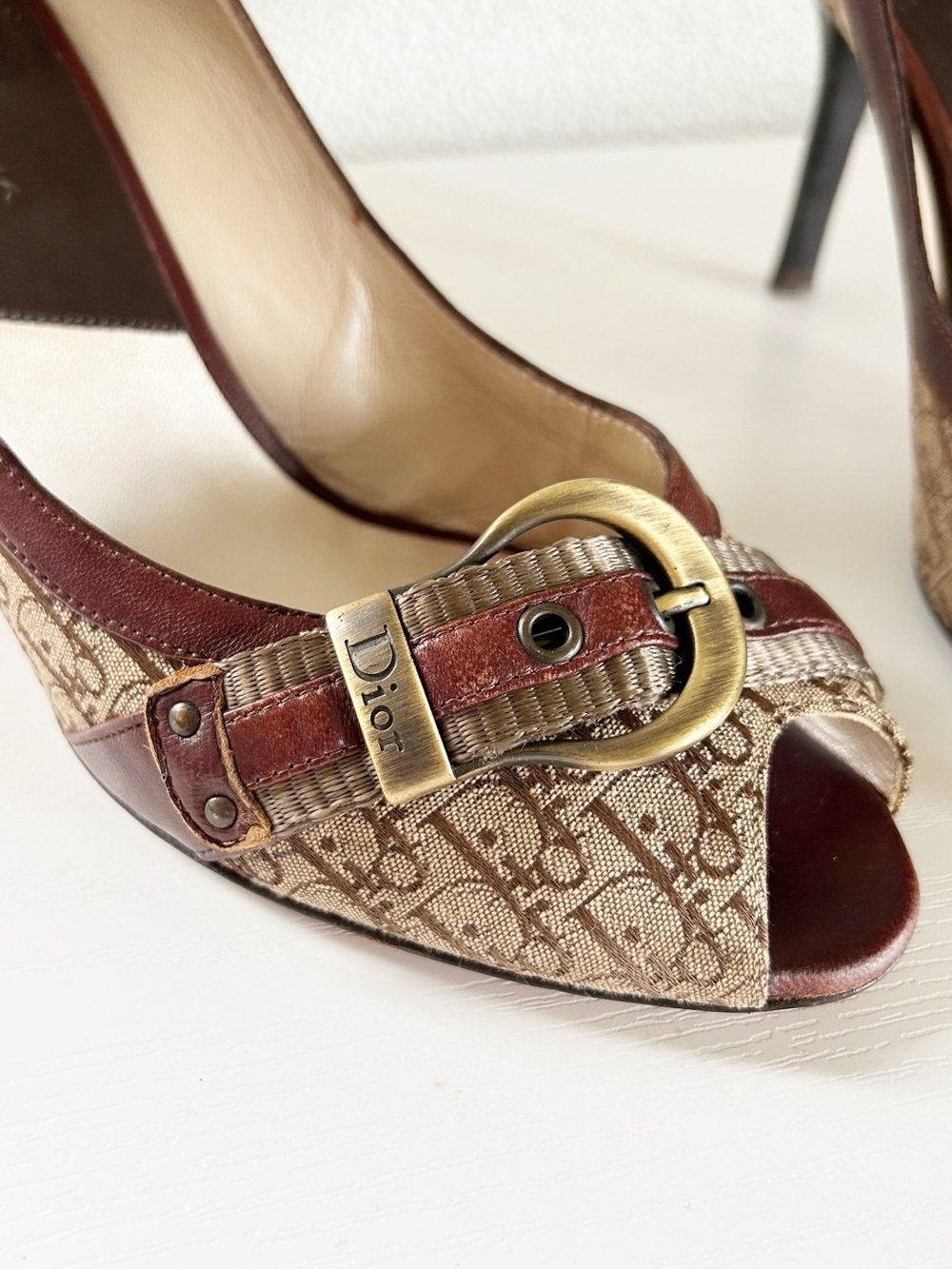 Christian Dior Diorissimo Canvas Heels Brown Beige Leather Monogram Size EU 38 - Picture 3 of 16
